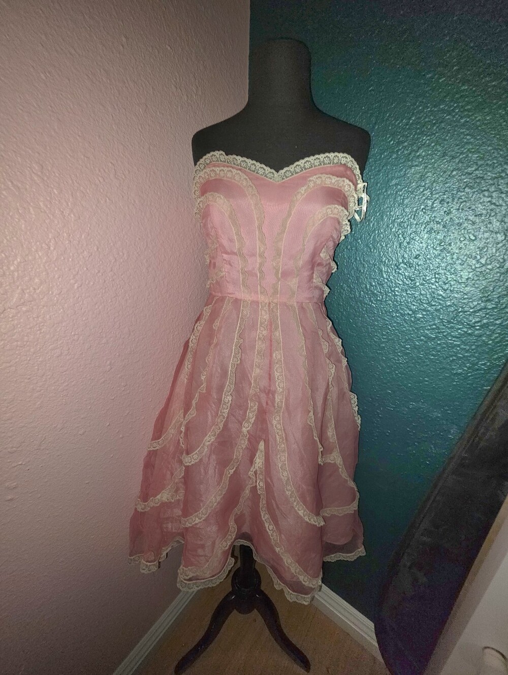 Betsey Johnson Pink Strapless Lace-Trim Tea Dress